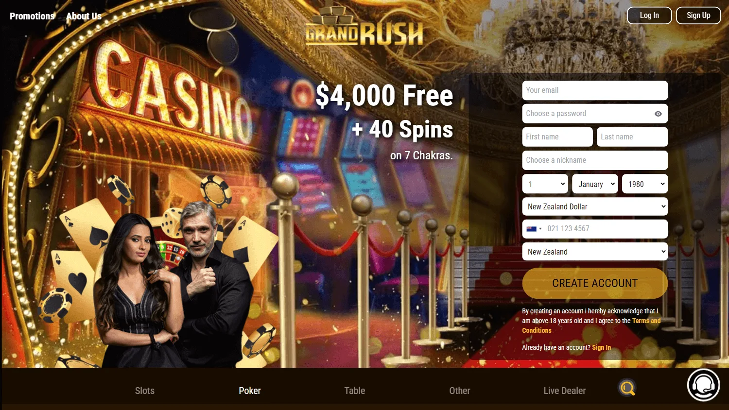 Grand Rush Casino desktop home screen with casino offers and game access