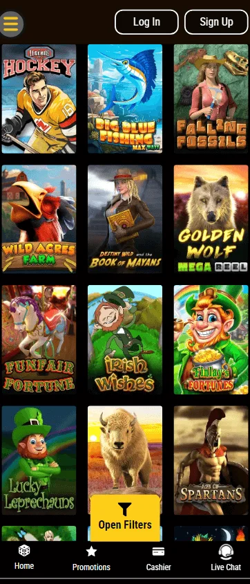 Grand Rush Casino mobile games area with pokies, table games and live dealer options