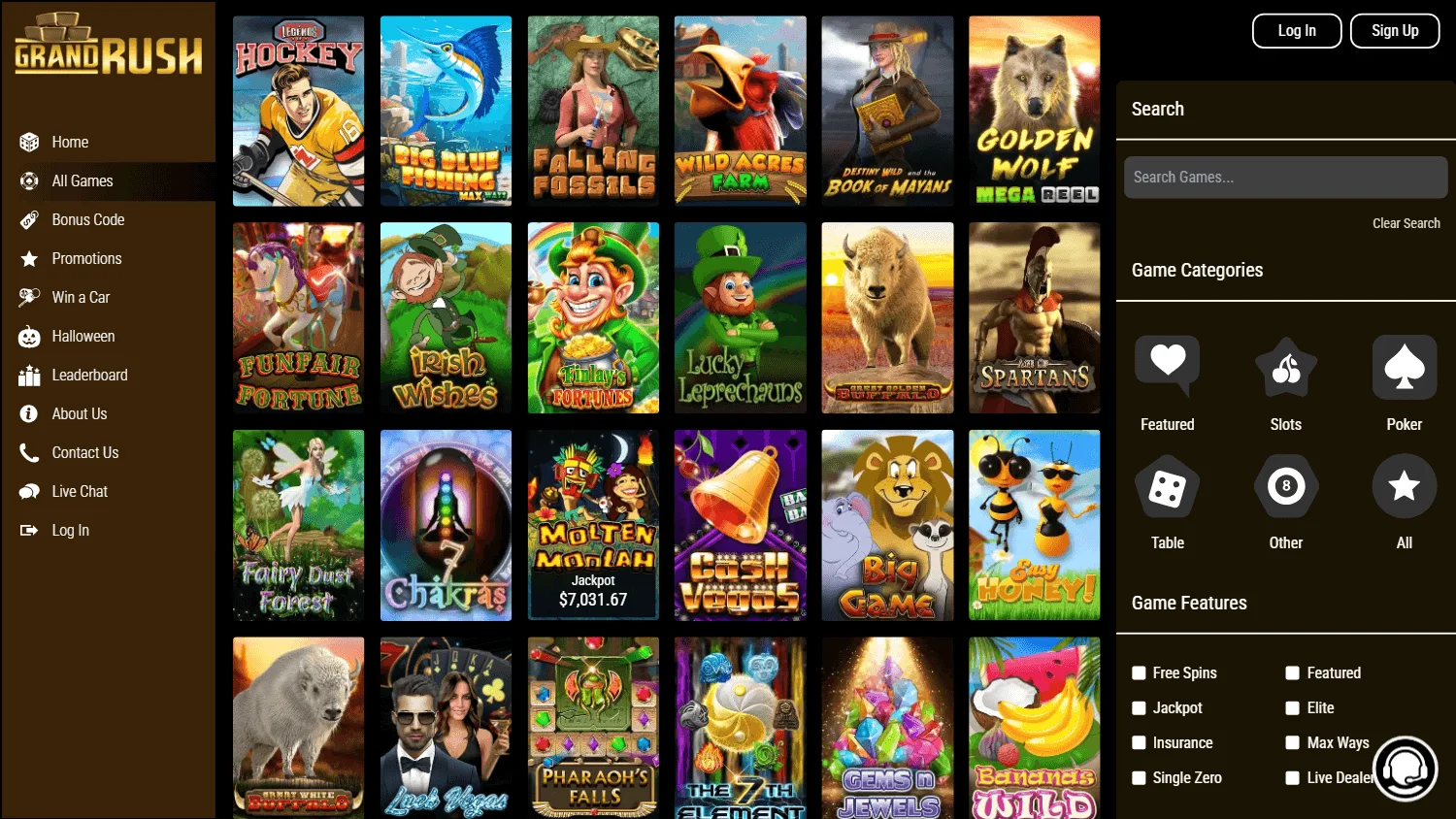 Grand Rush Casino desktop games area with pokies, table games and live casino access