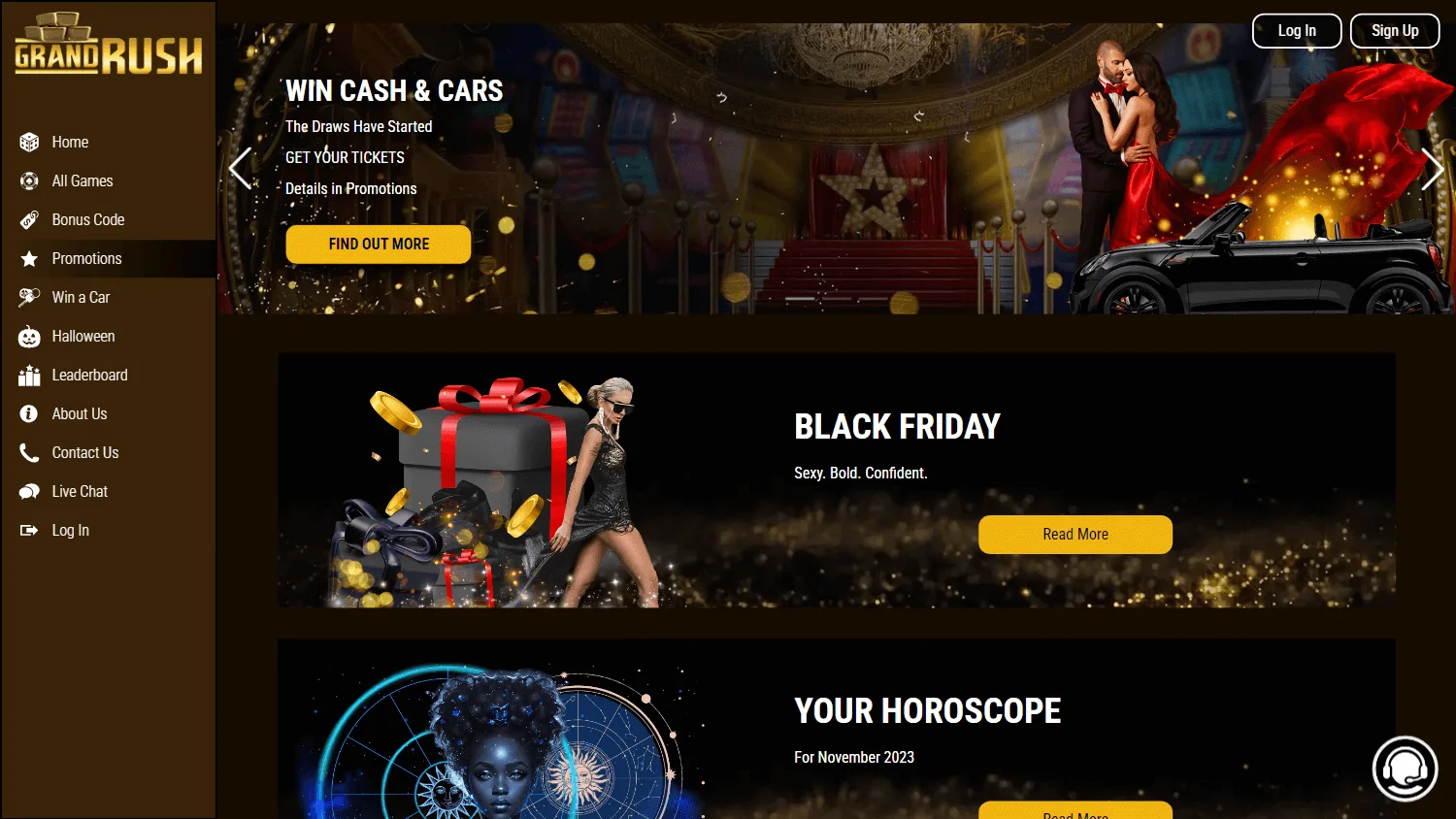 Grand Rush Casino desktop promotions area with tournaments and bonus activities
